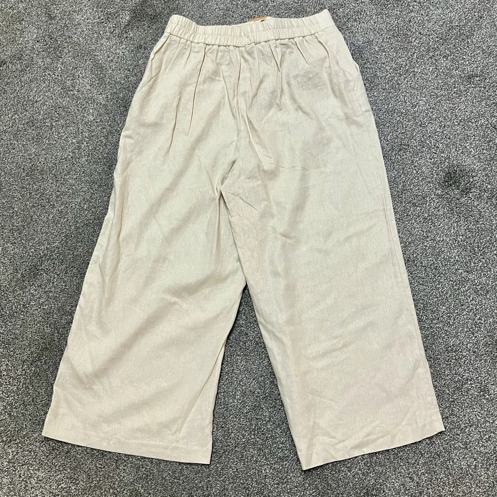 Sigrid Olsen Large Linen Pants Wide Leg‎ Elastic Waist Coastal Beachy Beige Tan